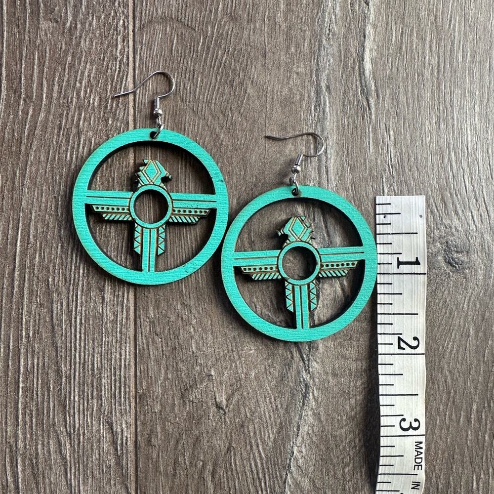 Turquoise Thunderbird Wood Earrings